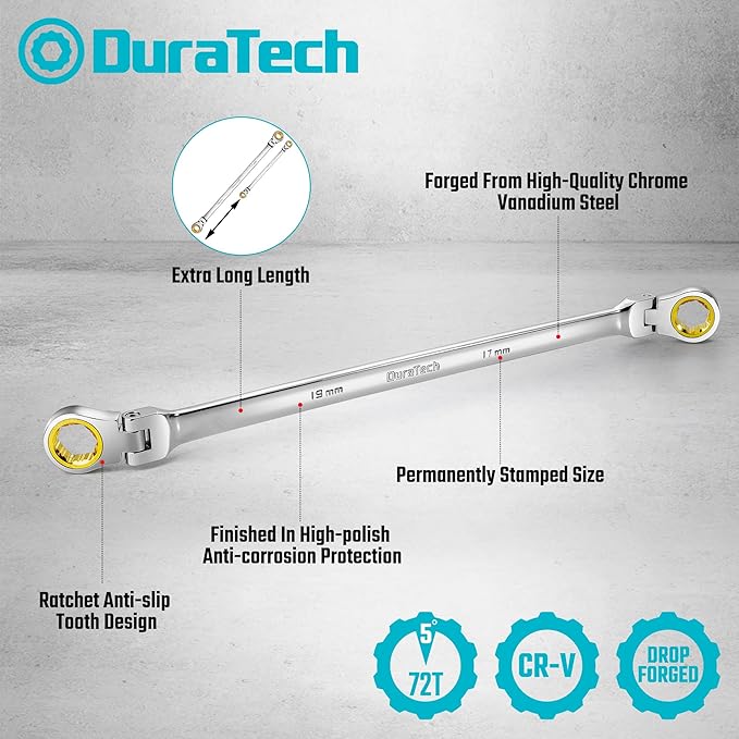 DURATECH Extra Long Anti-Slip Flex-Head Ratcheting Wrench Set, Double Box End Wrench Set, 6-Piece, Metric 8-19 mm, CR-V Steel, with Pouch