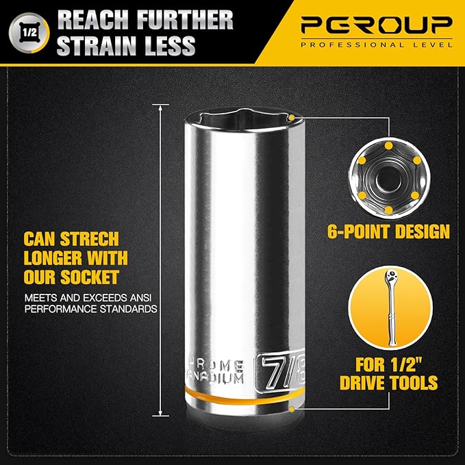 10PCS 1/2??Drive Deep Socket Set, SAE (3/8"-15/16"), 6-Point, Cr-V Steel, Chrome Plated Socket With Hanging Bracket, Cover Most Commonly Sizes