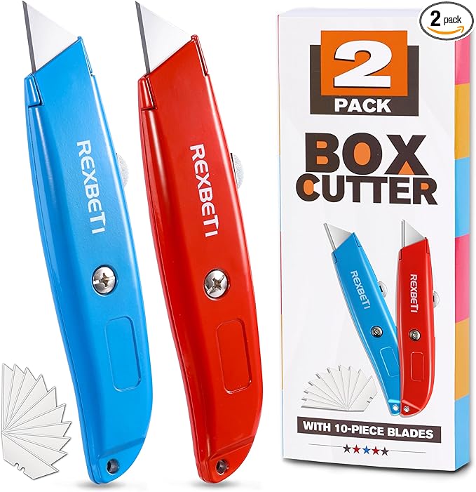 REXBETI 2 Pack Utility Knife with Extra Blades, 2 Color Retractable Blade Heavy Duty Box Cutter for Cartons竊똂ardboard and Boxes竊똄xtra 10 Blades Included
