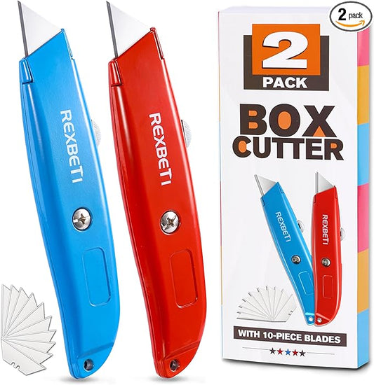 REXBETI 2 Pack Utility Knife with Extra Blades, 2 Color Retractable Blade Heavy Duty Box Cutter for Cartons竊똂ardboard and Boxes竊똄xtra 10 Blades Included