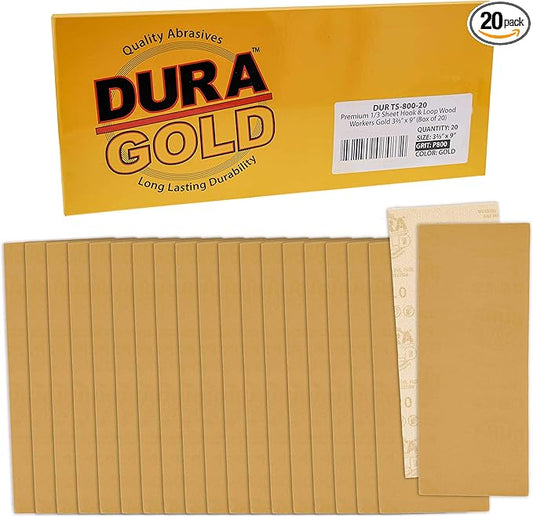 Dura-Gold Premium 1/3 Sheet Gold Sandpaper Sheets, 800 Grit (Box of 20) - 3-2/3" x 9" Size Hook & Loop Backing, Wood Furniture Woodworking, Auto Paint - Jitterbug Sanders, Clip-On, Hand Sanding Blocks