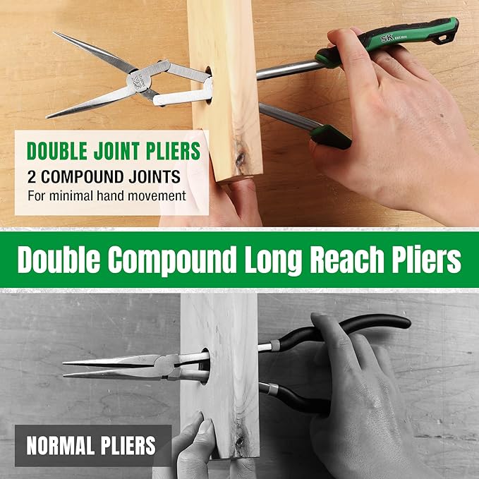 SK 2-Piece Double Compound Long Reach Pliers Set, 13-Inch Straight Long Nose Pliers, 45째 Bent Nose, with Comfort Grips, Premium CR-V Steel Construction