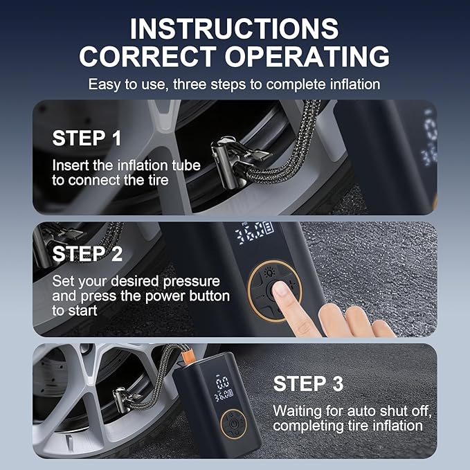 Tire Inflator Portable Air Compressor, 150 PSI Cordless Air Pump for Car Tires with Digital Pressure Gauge, LED Light and Auto Shut Off Function, Bike Pump for Car, Motorcycle, Bicycle, Ball, Black