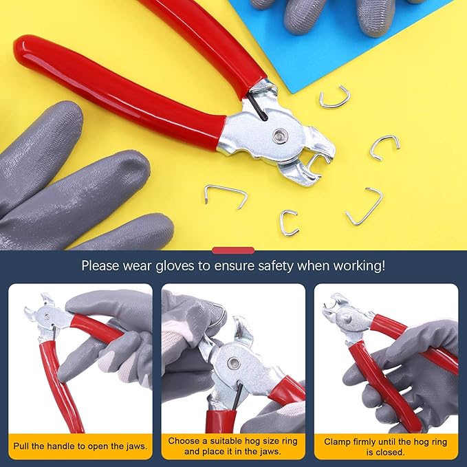 Hilitchi 360Pcs Galvanized Hog Rings with Straight Hog Ring Pliers and Protective Gloves Set Professional Upholstery Installation Tool for Bungee Shock Cords Animal Pet Cages Bagging and More