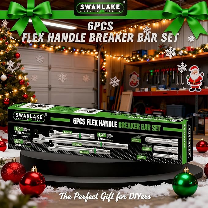 SWANLAKE GARDEN TOOLS 6-Piece Premium Breaker Bar Set, 1/4", 3/8" & 1/2" Drive, Heavy Duty Breaker Bars, 6-inch, 10-inch, 15-inch Length with 180째 Rotatable Head