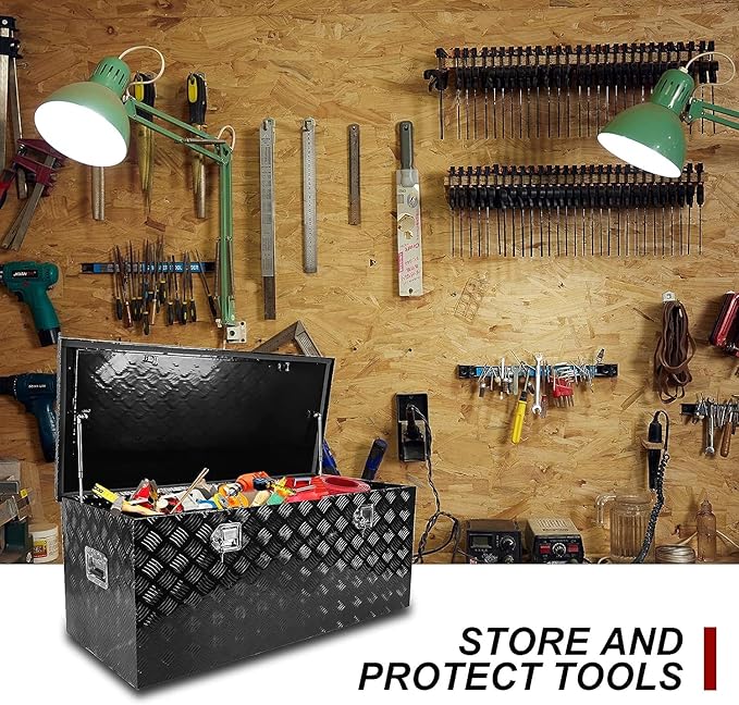 confote 48 Inch Heavy Duty Aluminum Stripes Plated Tool Box Pick Up Truck Bed RV Trailer Toolbox Square Storage Organizer with Side Handle, Lock and Keys, Waterproof -48"x 19.5"x 17.5"竊똁lack