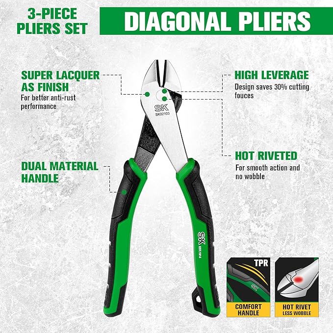 SK 3-Piece Pliers Set, 9.5-Inch Linesman, 8-Inch Diagonal & Needle Nose Pliers, High Carbon Steel, Ergonomic Anti-slip Handle, with Rolling Pouch