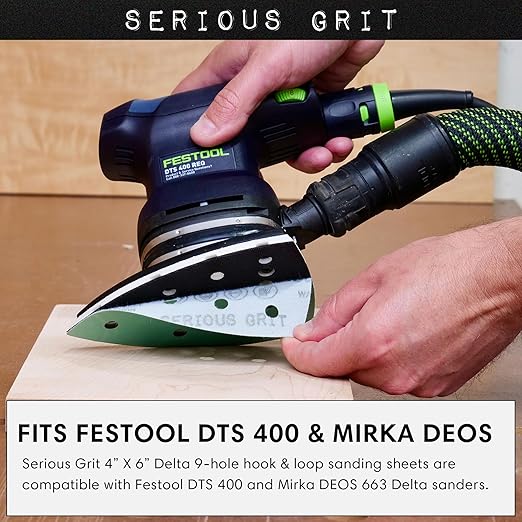Serious Grit - 120 Grit 4" x 6" Delta (100mm x 150mm) Triangle Sanding Sheets - Fits Festool DTS 400 & Mirka DEOS Delta Sanders - Heavy-Duty Hook & Loop Film Sandpaper for Detail Sanders - 50 Pack Box