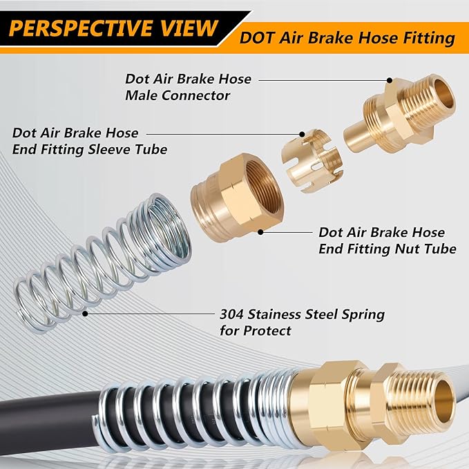3/8??Hose x 1/4??Male Connector with Spring Guard, Dazakoot 3/8??Hose End Fitting - Upgraded Brass DOT Air Line End Connector, 8 Pack Air Brake Hose Fitting & 8 Pack Sleeve Tube