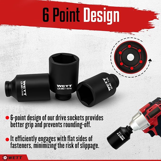 WETT 1/2" Drive Deep Large Impact Socket Set, 8-Piece Spindle Axle Nut Large Sockets Set, Standard SAE 6 Point Wheel Wrench Sockets, CR-MO Steel, (1-1/4-Inch-1-3/4-Inch)