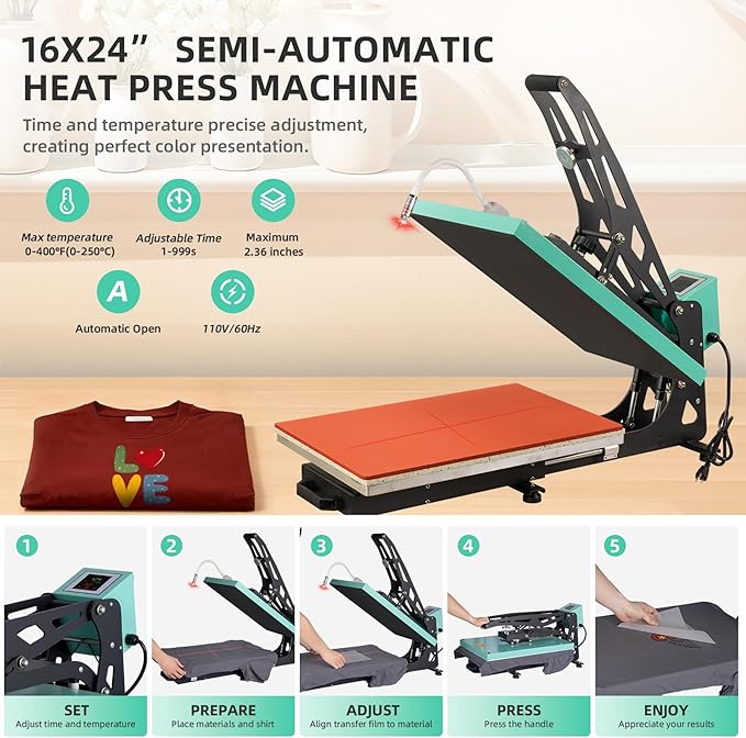 16x24 Heat Press Machine, Semi-Auto, Infrared Positioning, for T Shirts, Garments, Bags, Textiles, Curtains, Mousepads, Perfect for POD & Home DIY & Small Business Customization, Green