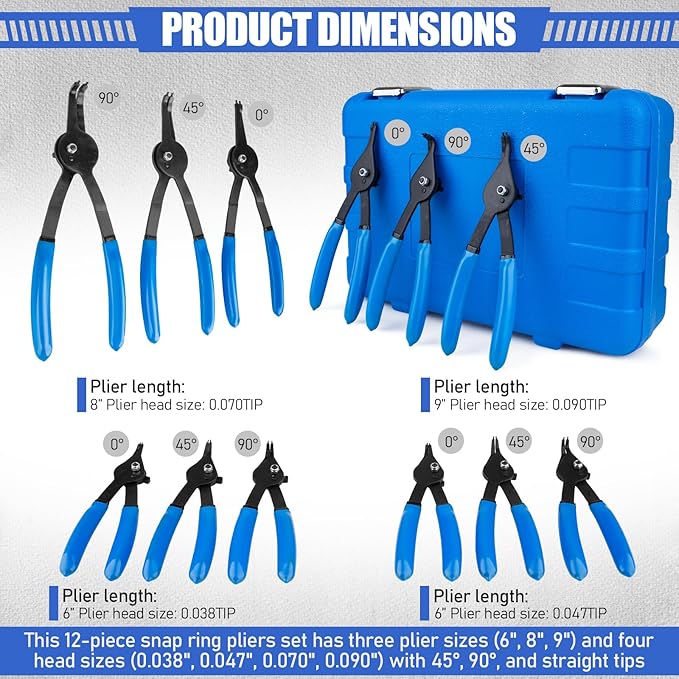 12 Piece Snap Ring Pliers Set, Transformable Internal/External Retaining Ring Pliers Set 0.038in 0.047in 0.070in 0.090in, Universal for Automobiles
