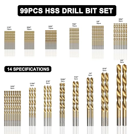 99 Pcs Drill Bit Set(1/16??3/8??, 135째 Tip Titanium Coated High Speed Steel, Twist Drill Bit Kit for Iron, Aluminum Alloy, Copper, Wood, Plastic, with Hard Storage