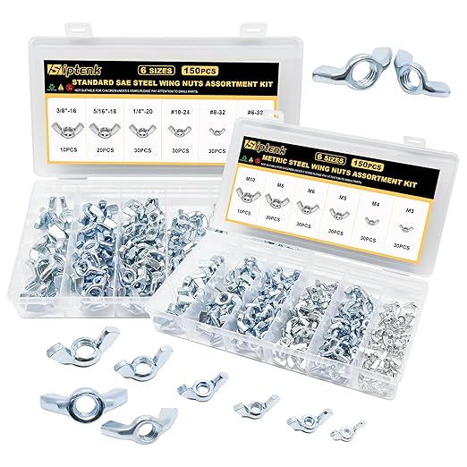 Siptenk Wing Nuts 300PCS, Metric & SAE Wingnuts 12 Assorted Sizes Carbon Steel Zinc Plated Butterfly Wing Nut M3-M10 6-32 to 3/8"-16 Fasteners Hardware Assortment Kit
