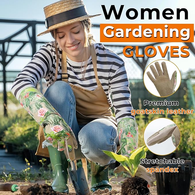 HANDLANDY Leather Gardening Gloves for Women, Scratch Resistant Breathable Ladies Rose Pruning Garden Gauntlet Yard Gloves, Gift for Gardeners (Khaki, XL)