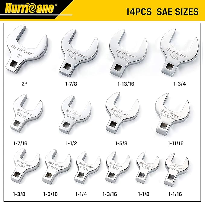 HURRICANE 1/2??Drive Crowfoot Wrench Set, 14 Piece Jumbo Crowfoot Flare Nut Wrench Tool Set, SAE Sizes from 1-1/16" to 2" with Storage Tray, With Fully Polished Chrome Finished