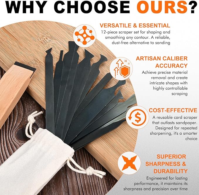 12-Piece Cabinet Scraper Set with Burnisher, 1 Curved and 1 Gooseneck Wood Scraper, Multi-Shaped Card Scrapers for Woodworking, Precision Wood Scraper Kit for Fine Finishing & Shape Shaping