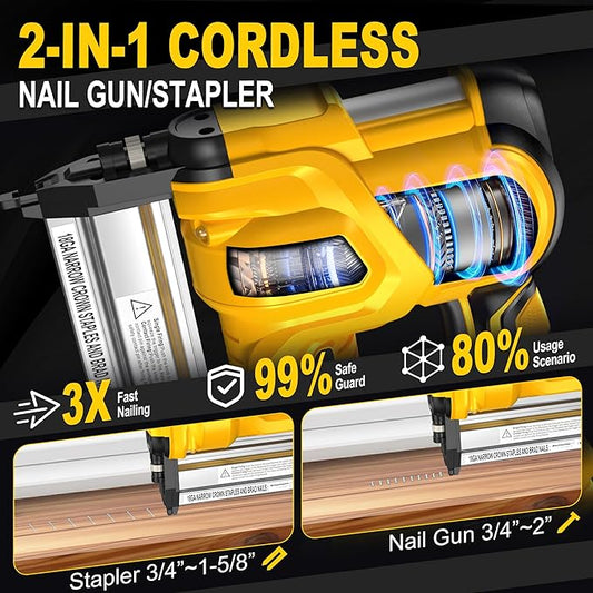 SILVEL 2" Cordless Brad Nailer, 2-in-1 21V Electric Brad Nailer with 2 * 2.0Ah Battery, 1000pcs Nails, 18GA Staples, Adjustable Depth for Woodworking, Home Improvement, yellow