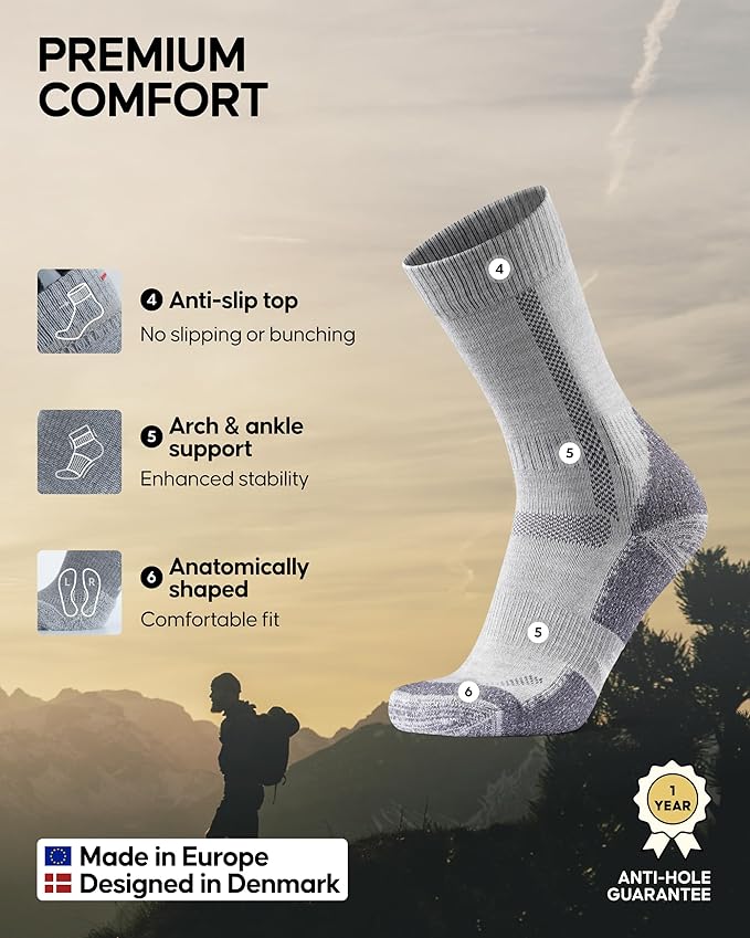DANISH ENDURANCE Merino Wool Hiking Crew Socks for Men & Women, Cushioned Anti-Blister, Breathable - 3 Pairs