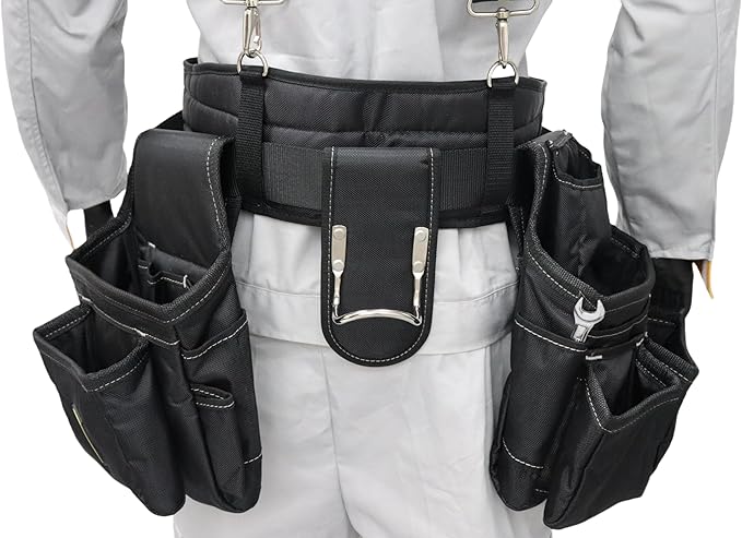 ZAKCO Professional 1680D Polyester Tool Belt with Suspender, Strudy Tool Belt for Carpenters, Framers, Electricians, Plumbers, Hanyman & DIY (Black, Full Size)