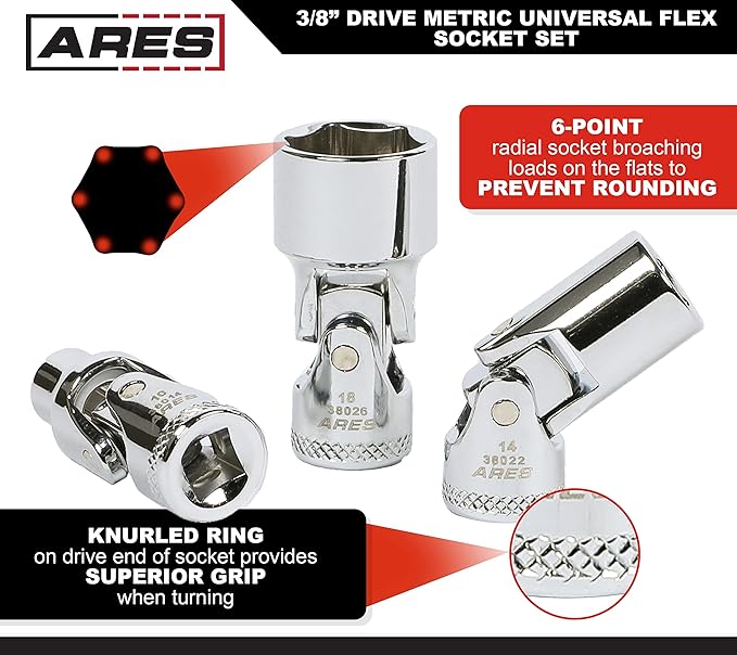 ARES 39015 ??10-Piece 3/8-Inch Drive Metric Universal Flex Socket Set ??6-Point Sockets from 10mm to 19mm - Universal Joint Flex Design For 360 Degree Access ??High Visibility Laser Markings