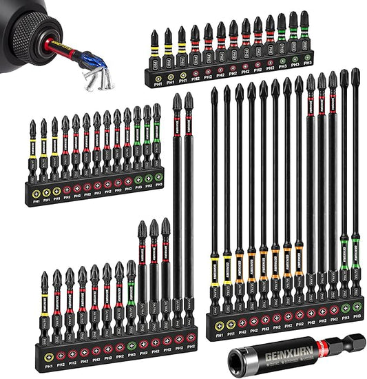 52pcs Impact #1#2#3 Phillipes Screwdriver Bits Set, 1??2??3??6??(PH1/PH2/PH3) Magnetic S2 Steel Cross Driver Bits Set and 1pc Impact Bit Holder with Color Coded Base