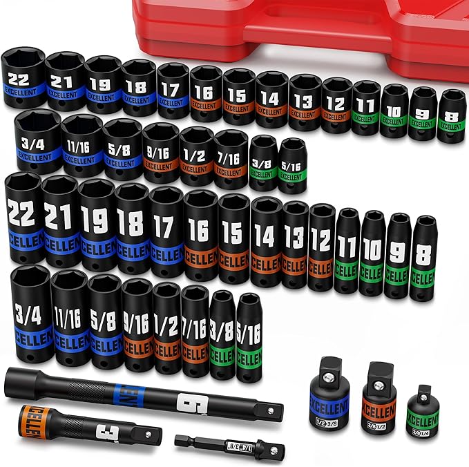 50 Piece 3/8" Drive Impact Socket Set, SAE (5/16?쇺?3/4?쇺? and Metric (8-22mm) Socket Kit, Extension bar & Adapter, 6 Point, Automotive Repair, Equipment Maintenance