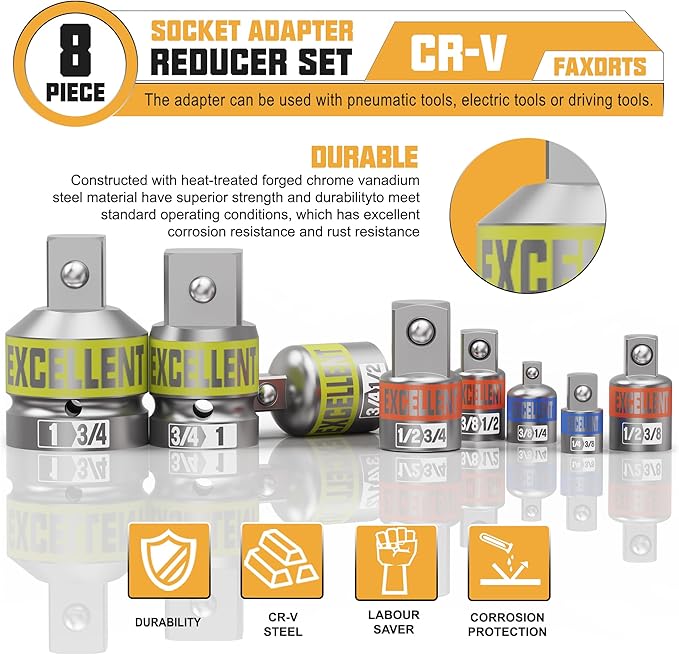 8 Piece Socket Adapter and Reducer Set, 1/4" 3/8" 1/2" 3/4" 1" Drive Impact Socket Adapter Set for Impact Driver Conversions and Power Drill