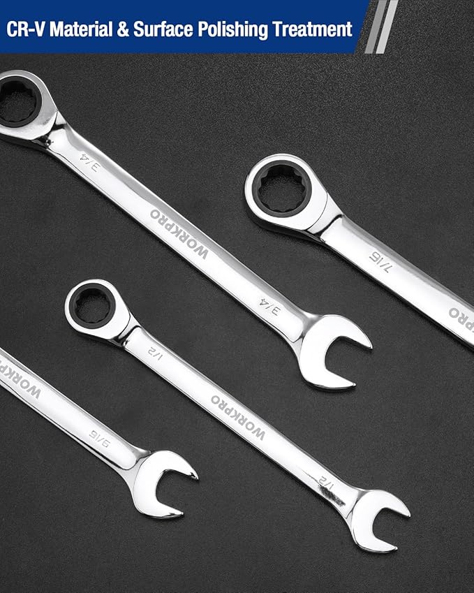 WORKPRO 1/2" Ratcheting Combination Wrench SAE, CR-V Constructed with Mirror Polish Chrome Plating, 12-Point Design, 15-Degree Offset