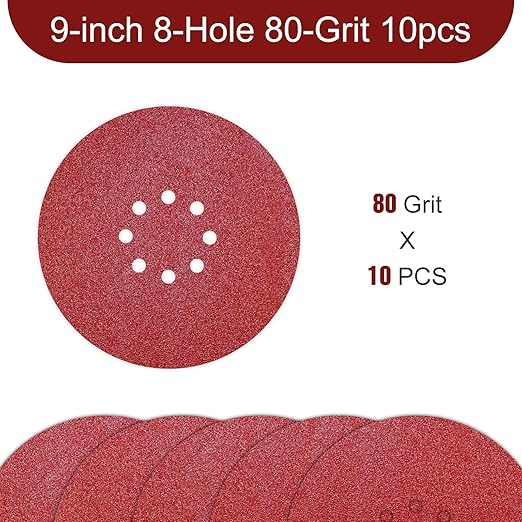 Awutzut 9 inch Sanding Discs 80 Grit 8 Holes Hook and Loop Sandpaper for Drywall Sander 10Pack