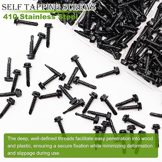 mxuteuk 165PCS #8#10 Self Tapping Screws,410 Stainless Steel Self Drilling Screws,Black Zinc Plated Hex Washer Head Sheet Metal Screws Suitable for Wood, Metal or Tough Materials