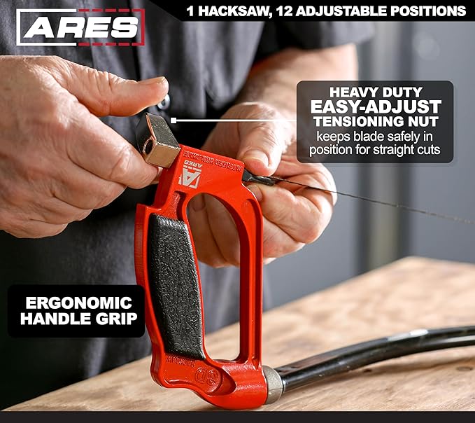 ARES 70098-3D Professional Hacksaw - Multi-Adjustable Arc-Shaped Frame - Multi-Angle Blade Position - 12-Inch Hi-Carbon Steel Blade