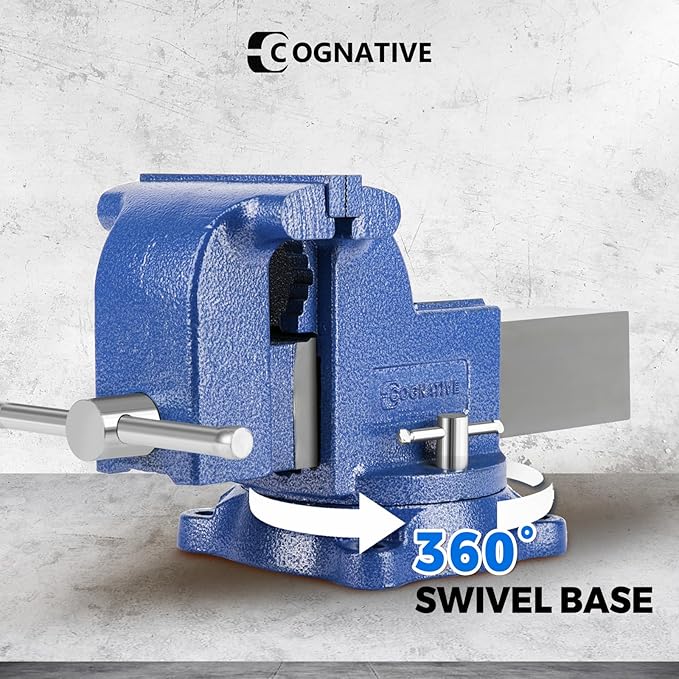 COGNATIVE 6" Heavy-Duty Bench Vise 13200LBS Stronger Clamping Force Ductile Iron Bench Vise 6 Inch 360째 Swivel Bench Vice with Anvil Blue, Include Mini Bench Vice Clamp