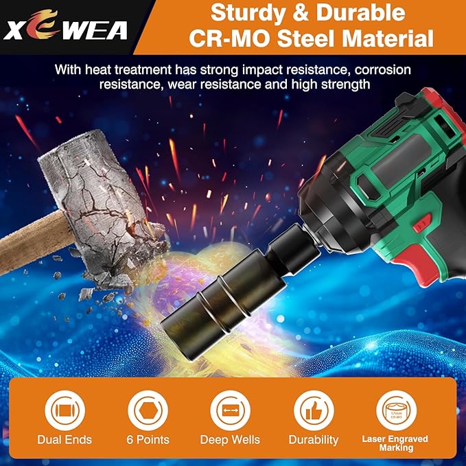 6PCS Lug Nut Impact Socket Set, XEWEA 1/2" Drive 8-IN-4 Flip Socket Design Metric 17 19 21 22 mm & SAE 3/4 13/16 7/8 15/16 in,Dual-End Thin Wall Nut Sockets with 3" Extension Bar & Knockout Bar