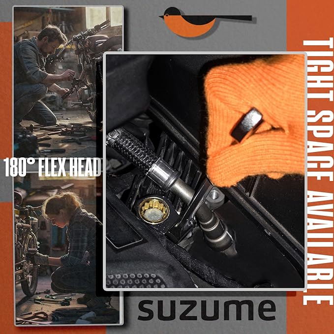 SUZUME 13mm Flex Head Ratcheting Wrench Metric 72 Teeth Cr-V Steel 15K+ Cycle Locked Gears with 180째 Flexible Head Black Nickel Coating