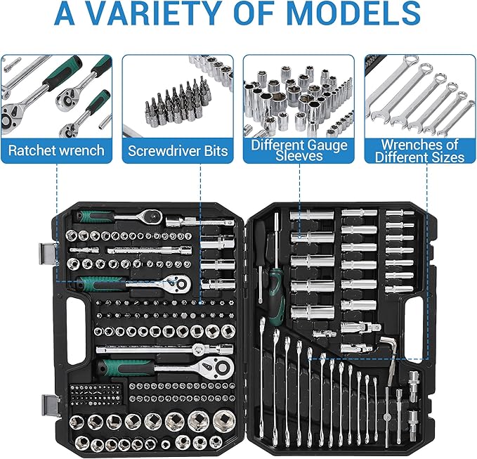 216-Piece Mechanics Tool, Juego De Herramientas, Set Socket Wrench Kit, with 72-Tooth Ratchet, Metric Sockets & Extensions, Automotive Repair Tool Kit for Car Home Garage Maintenance