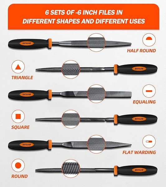 Needle File Set - Carbon Steel 6-Piece Set Includes Flat, Flat Warding, Square, Triangular, Round, Half-Round Files