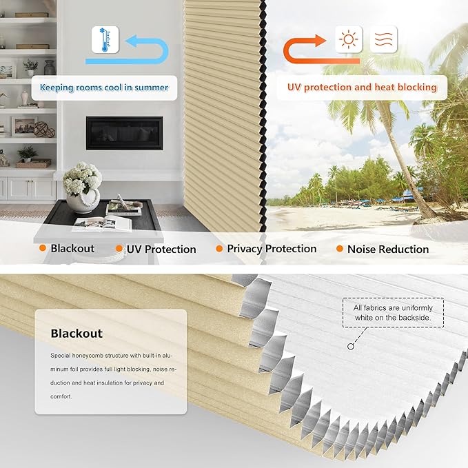LazBlinds No Tools No Drill Cordless Cellular Shades, Top Down Bottom Up (TDBU) Honeycomb Shades for Home, Blackout Light Blocking Thermal Insulation Blinds for Windows, 33" W x 48" H, Beige