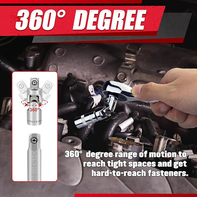 28pcs 1/4" Drive Impact Socket Set,Drive Master Socket Set,SAE, Deep&Shallow with Universal Joint,Extension bar,Ratchet Wrench,Hex Bit Holder,Spinner Handle,6 Point,CR-V Steel,Mirror Chrome