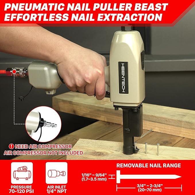 KEENTECH Pneumatic Nail Puller, Fast & Labor-Saving Nail Remover Tool, Denailer Air Gun With Safety Trigger, Nail Puller Tool Effortlessly Removes 3/4"-2-3/4" Nail From Recycled Wood, Pallets, Fences
