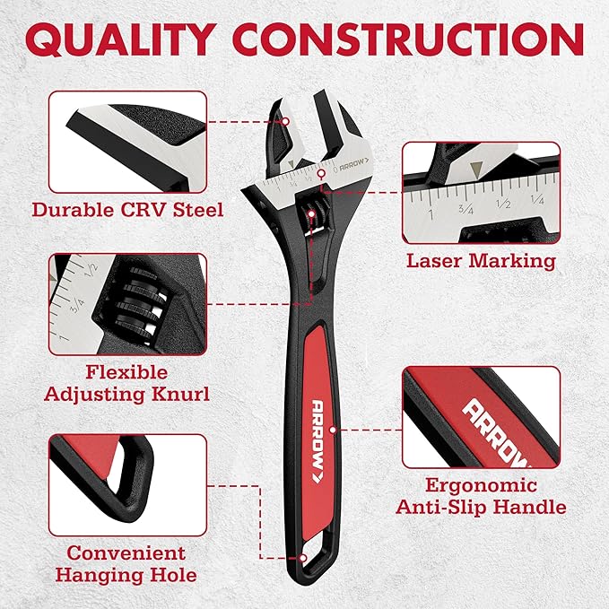 ARROW 8-Inch Adjustable Wrench, Cr-V Steel, Wide Jaw Black Oxide Wrench with Inch/Metric Laser Scales, Non-Slip Grip & Hanging Hole, for Home, Garage, Workshop and DIY