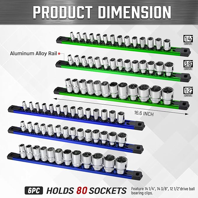 ALOANES 6-Piece Magnetic Socket Organizer, Heavy Duty Aluminum Socket Rails Organizer, 360째 Swivel Clips Socket Holder Kit for Tool Box, 1/2, 3/8, 1/4-Inch Socket Holder x 80 Clips (Green&Blue)