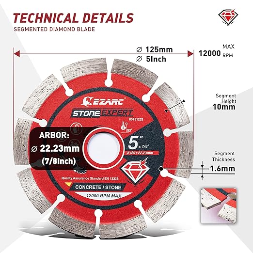 EZARC 5 inch Segmented Diamond Blade, Diamond Cutting Wheel for Angle Grinder Stone Master, 5" Stone Blade for Cutting Concrete Granite Masonry Brick, 7/8"-20mm-5/8 Arbor (2-Pack)