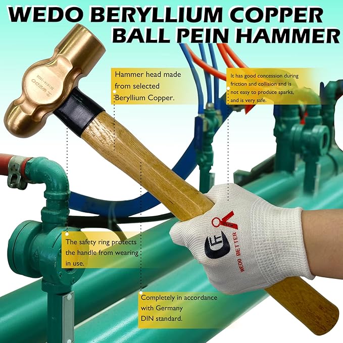 WEDO 3PCS Ball Pein Hammer,3/2lb+2lb+5/2lb Non-Sparking Ball Peen Hammer with Wooden Handle, Beryllium Copper,Non-Magnetic,Die-forged,Corrosion Resistant,BAM & FM Certificate,DIN Standard