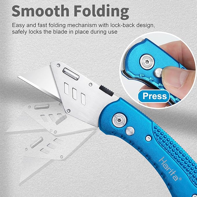 Harita Folding Utility Knife Box Cutter Quick Change Blades, Back-lock Mechanism, Portable Belt Clip, with 5-piece Extra Blades, Blue
