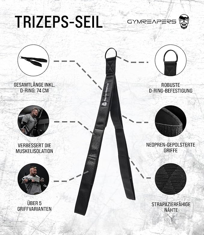 Gymreapers Tricep Rope Cable Attachment - Multi-Workout Tricep Pull Down Cable Attachment - Perfect Gym Cable attachments (3 Lengths Built in One)