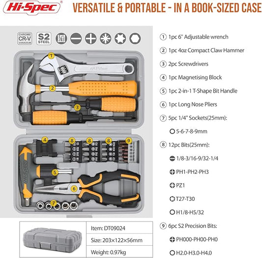 Hi-Spec 30pc Magnetic T-Handle Ratchet Wrench and Screwdriver Set. Small Compact Hand Tool Kit Set with Sockets for Home & Car & Office. Toolkit Starter Repairs in a Portable Tool Box Case
