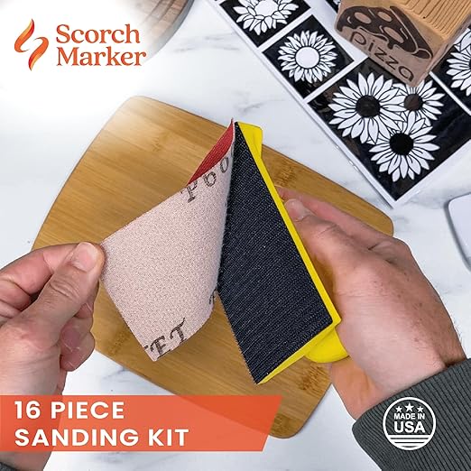SCORCH MARKER - 16 pc Hand Sanding Kit, Sander Block, with Durable Mesh & Soft Handle, Includes 3 Sheets Each of 80, 120, 240, 320 and 600 Grit Sandpaper. Fully Reusable & Washable for Crafts & DIY