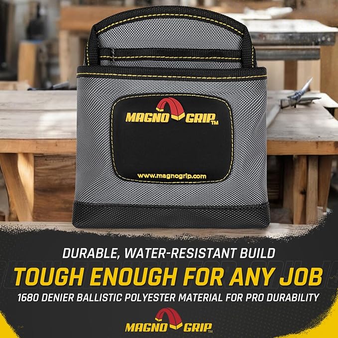 MagnoGrip 3-Pocket Nail Pouch with Integrated Magnetic Storage - Durable 1680D Ballistic Polyester, Magnetic Interior & Exterior, Tool Belt Compatible, Construction Pouch for Carpenters & DIY Projects