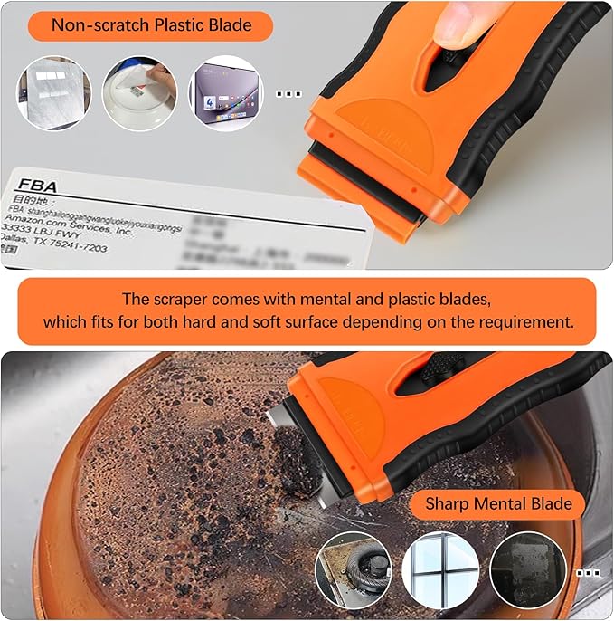 DEKEones Razor Blade Scraper, 1 Pack 2-in-1 Retractable Double-ended Razor Scraper Tool with Extra 5Pcs Plastic and Metal Razor Blades, Multi-Purpose Scraping Tool for Cooktop Oven (Orange）